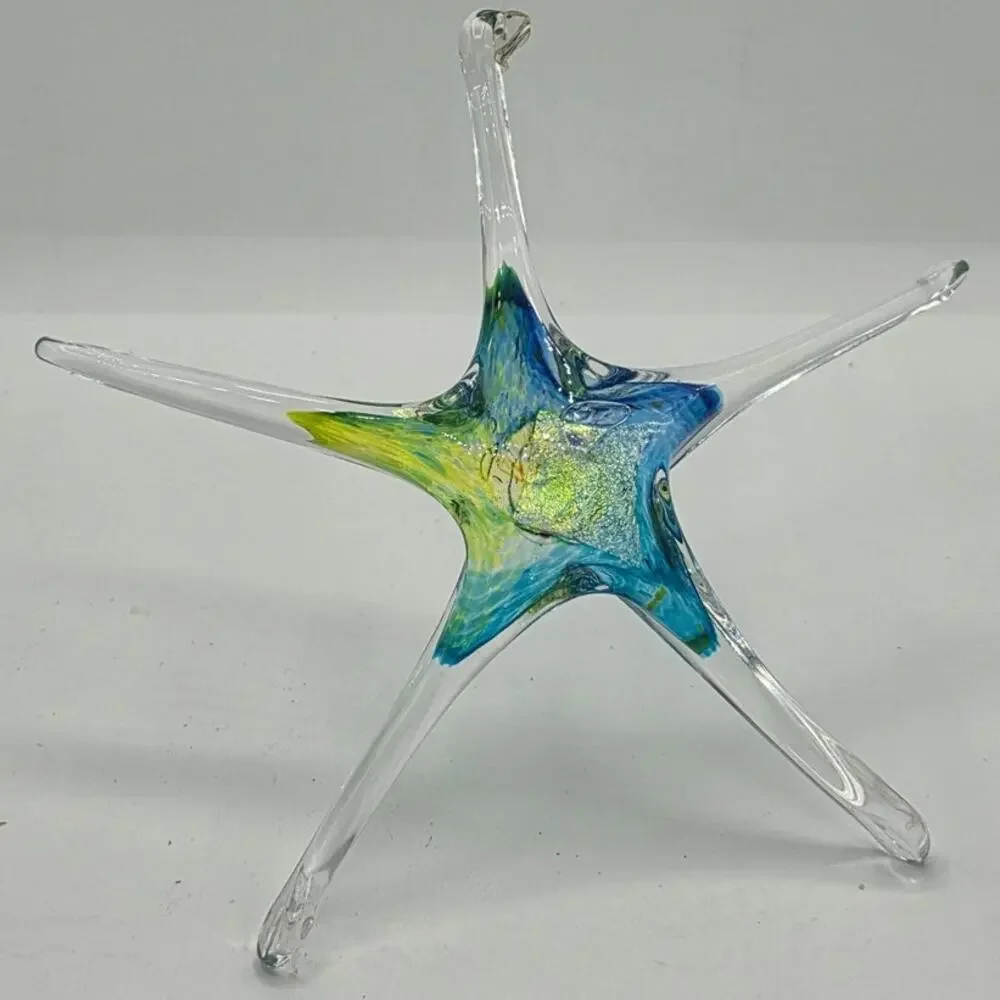 Signed Luke Adams Hand Blown Art Glass Starfish Suncatcher Ornament Blue Green 8